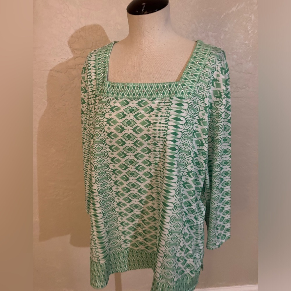 Woman’s Alfred Dunner Green Patterned Square-Neck Women's Top sz XL - Picture 2 of 7